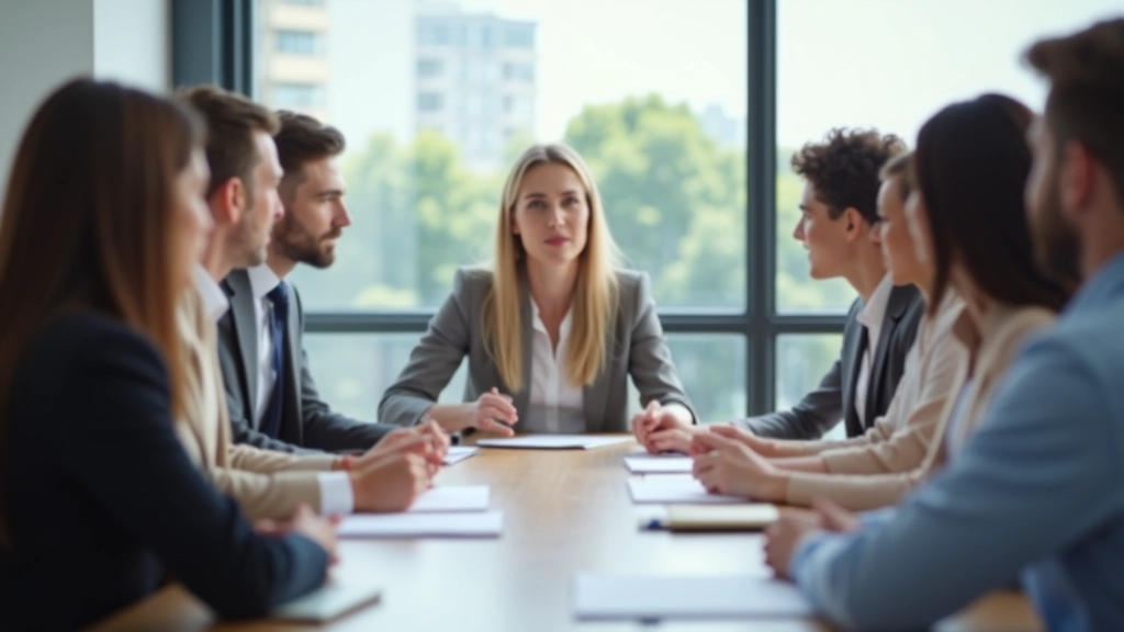 Grupo de profissionais em uma discussão de brainstorming, todos engajados e respeitosos, em uma sala de reunião moderna