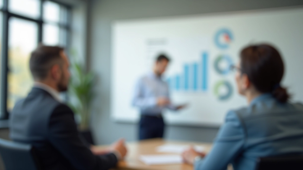 Executiva em uma sala de reunião apontando para um gráfico enquanto discute estratégia com colega atentamente ouvindo