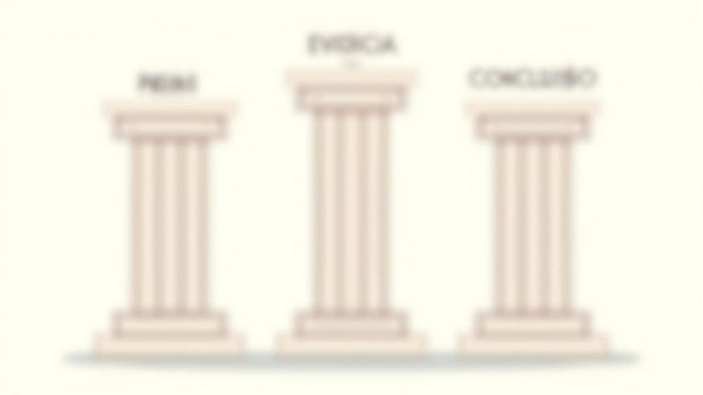 Diagrama visual dos três pilares da argumentação: premissa, evidência e conclusão em estrutura clara
