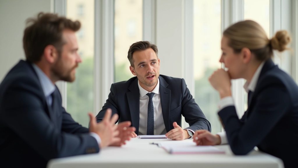 Três pessoas em discussão animada, sentadas à volta de uma mesa de conferência, ambiente profissional