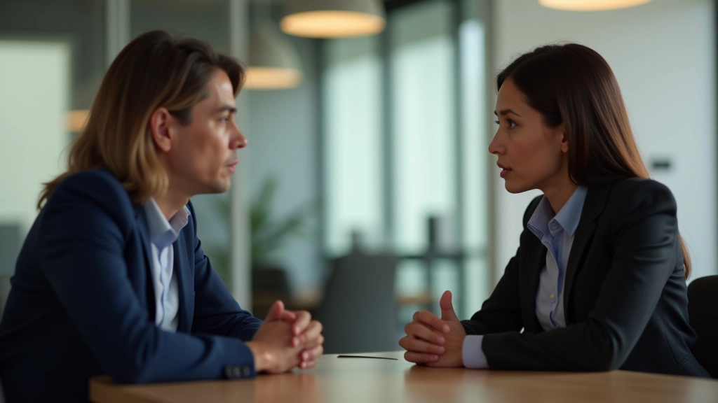Duas pessoas em conversa intensa, expressões faciais de concentração e interesse durante discussão
