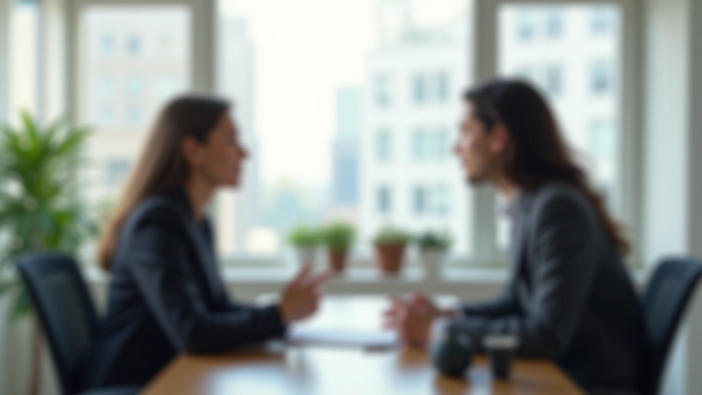 Duas pessoas em discussão profissional num ambiente corporativo