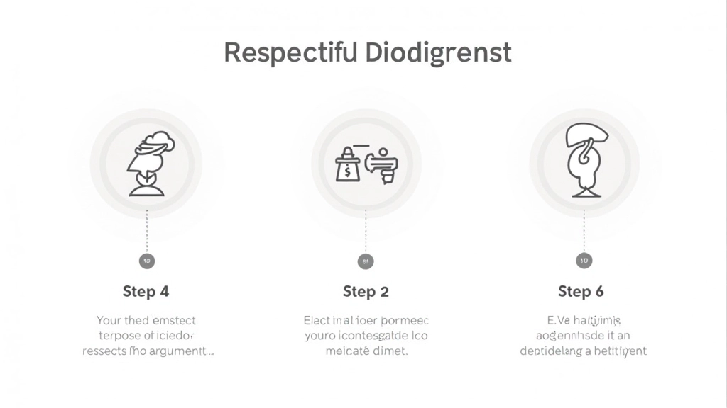 Diagrama visual mostrando três etapas de discordância respeitosa com setas e ícones de comunicação positiva